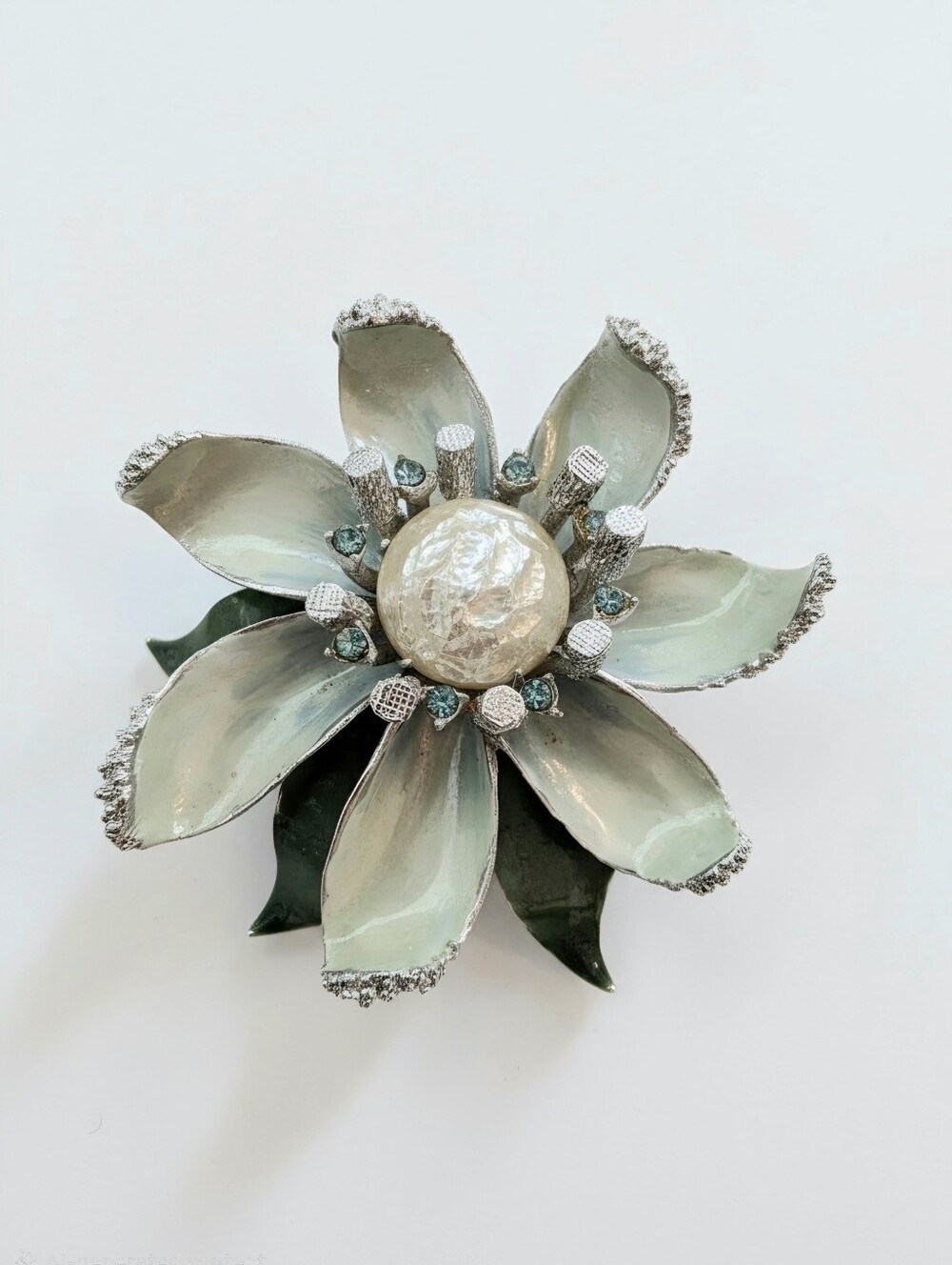 Vintage Signed CORO  Green Enamel Flower Rhinestone Faux Pearl Brooch